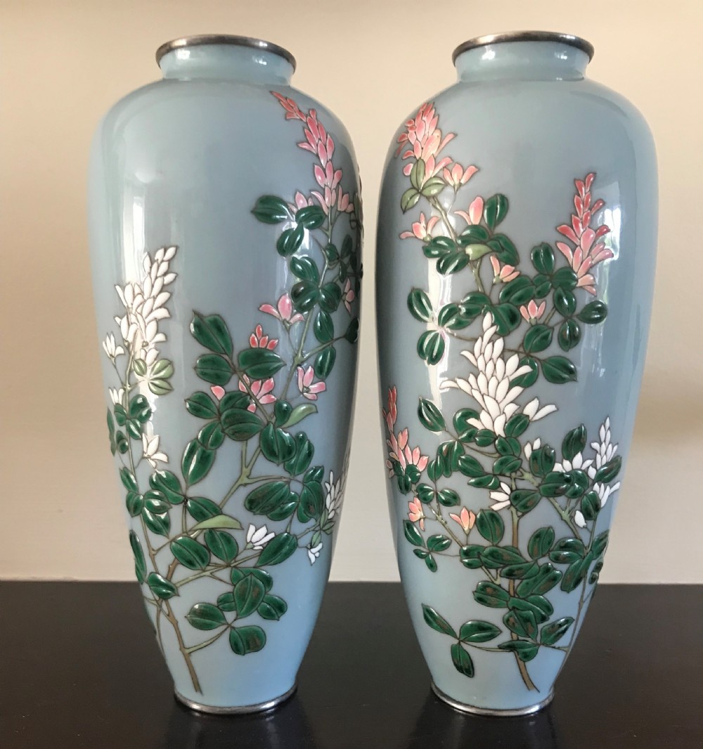 PAIR ANTIQUE JAPANESE MORIAGE CLOISONNE VASES.