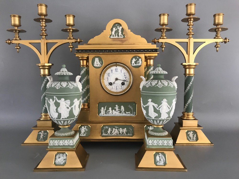 Large gilt bronze and Wedgwood clockset.