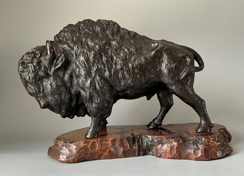 Fine large Japanese bronze of a Bison by Genrysai Seiya.