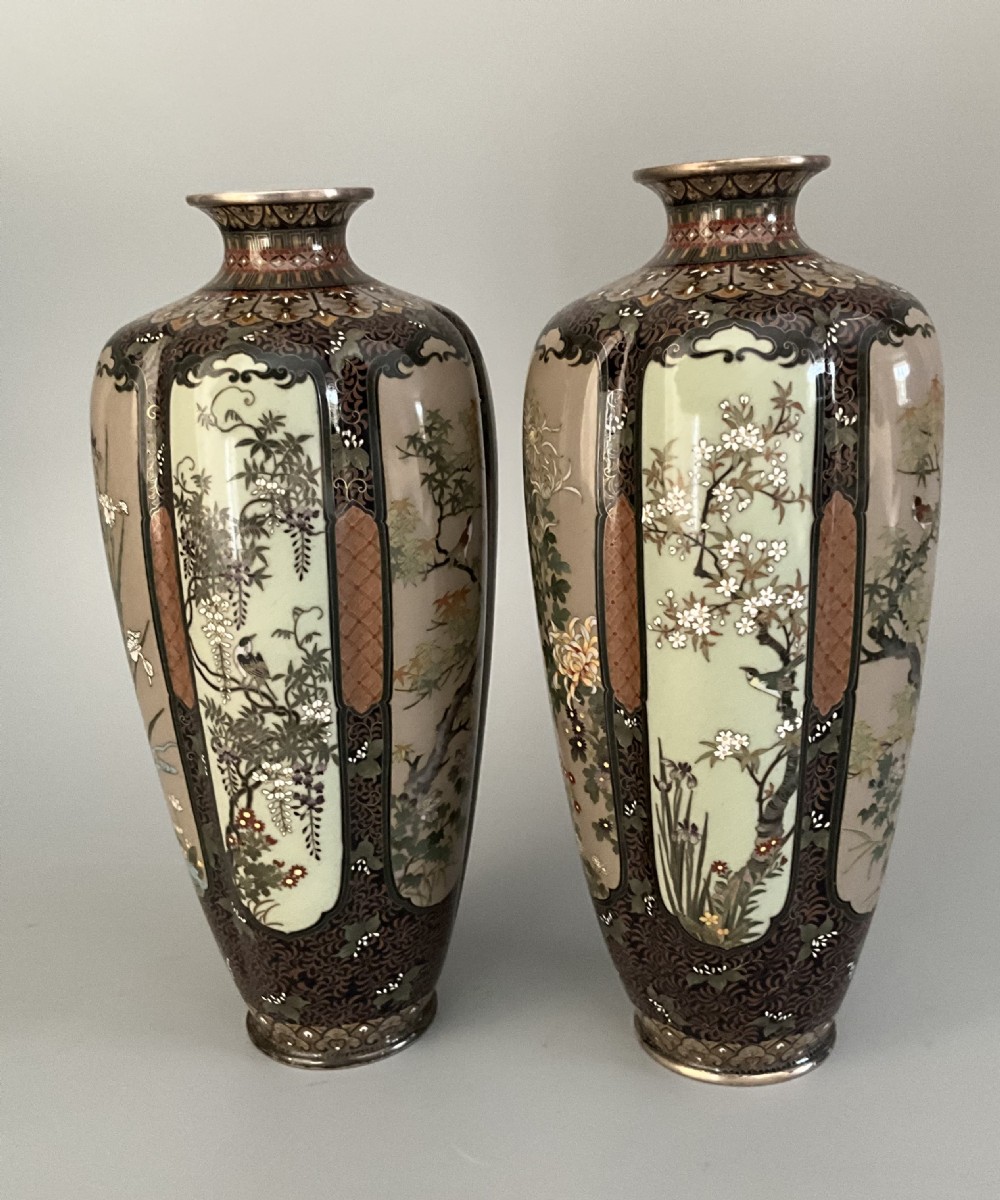 Pair Japanese cloisonne vases attributed to Hayashi. View V