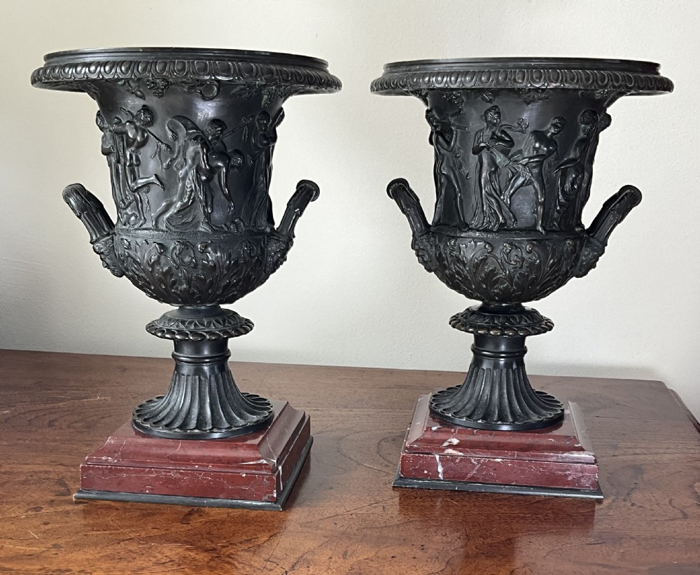 Pair of wonderful quality `Grand Tour` bronze urns.
