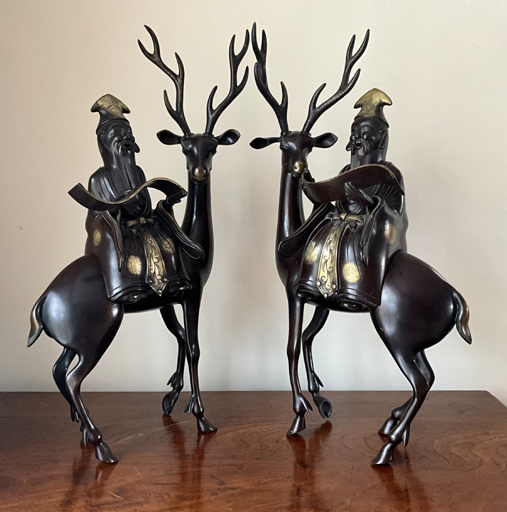 Large pair CHINESE BRONZE CENSORS of SHOU LI . View II