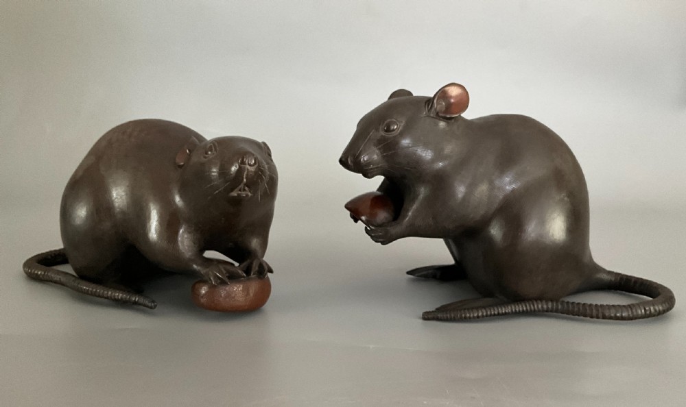 Large pair of Japanese bronze rats .