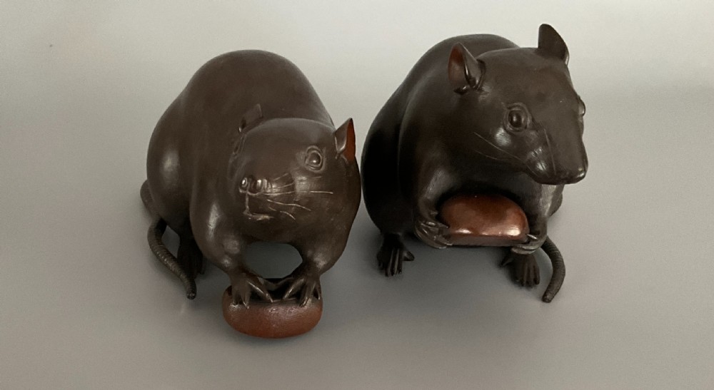 Large pair of Japanese bronze rats . View III