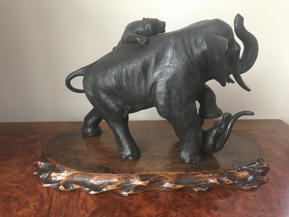 JAPANESE BRONZE OF AN ELEPHANT AND TIGERS View II