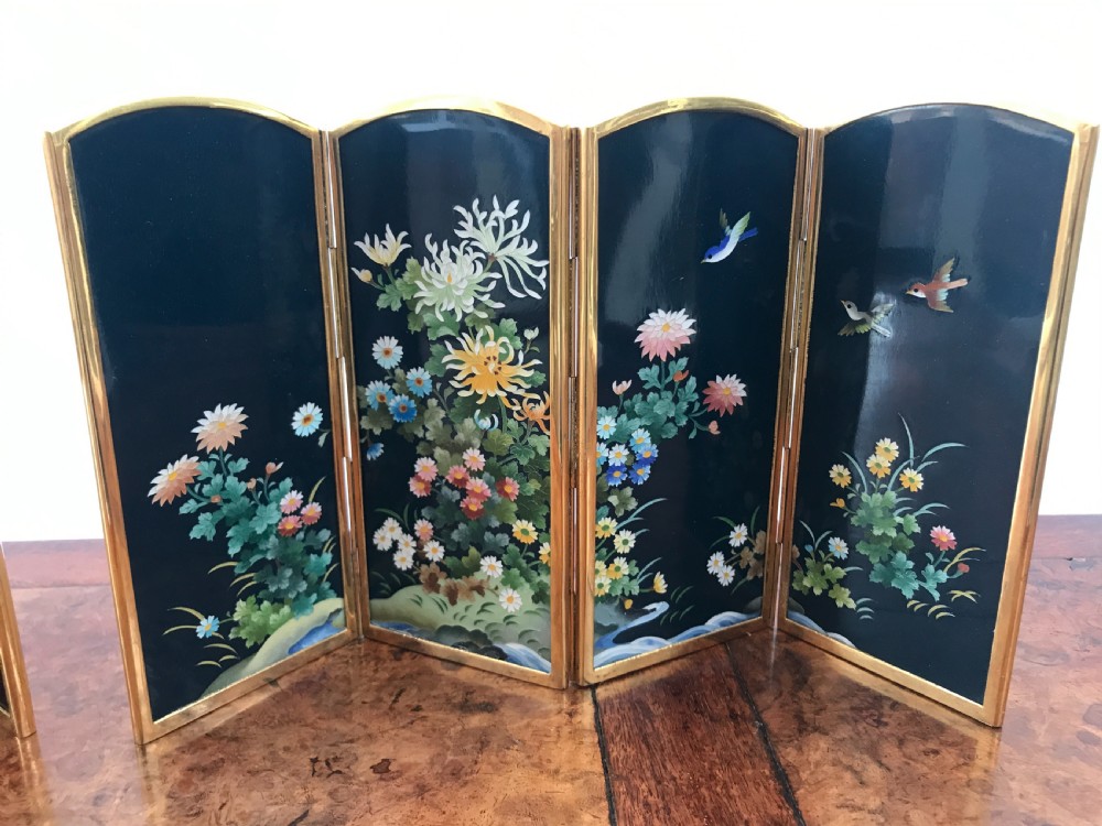 Two very attractive Japanese cloisonne table screens by INABA. View II