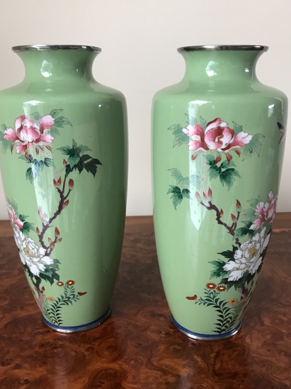 Pair silver wire Japanese cloisonne vases. View II