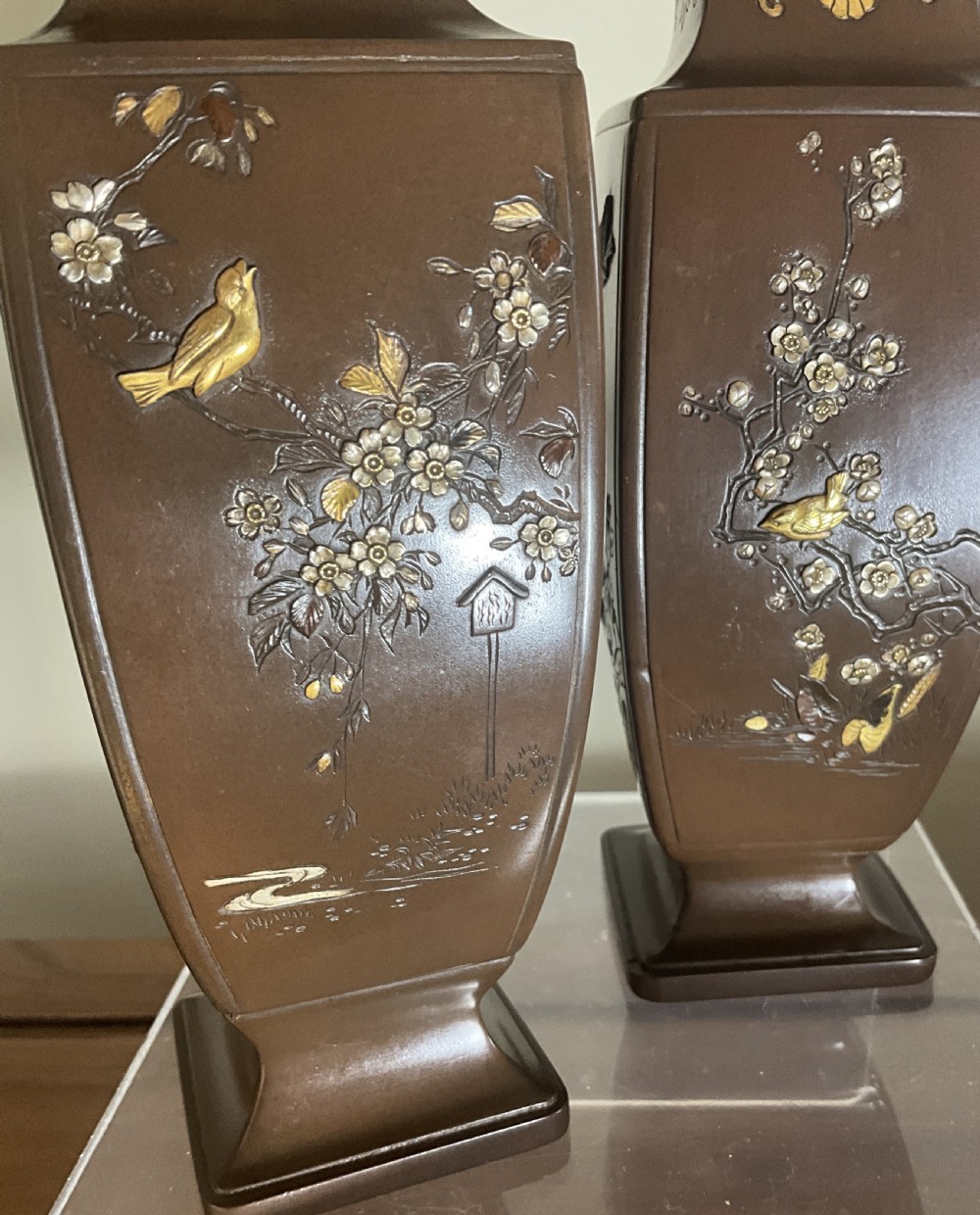 A pair of well decorated Japanese bronze vases. View IV