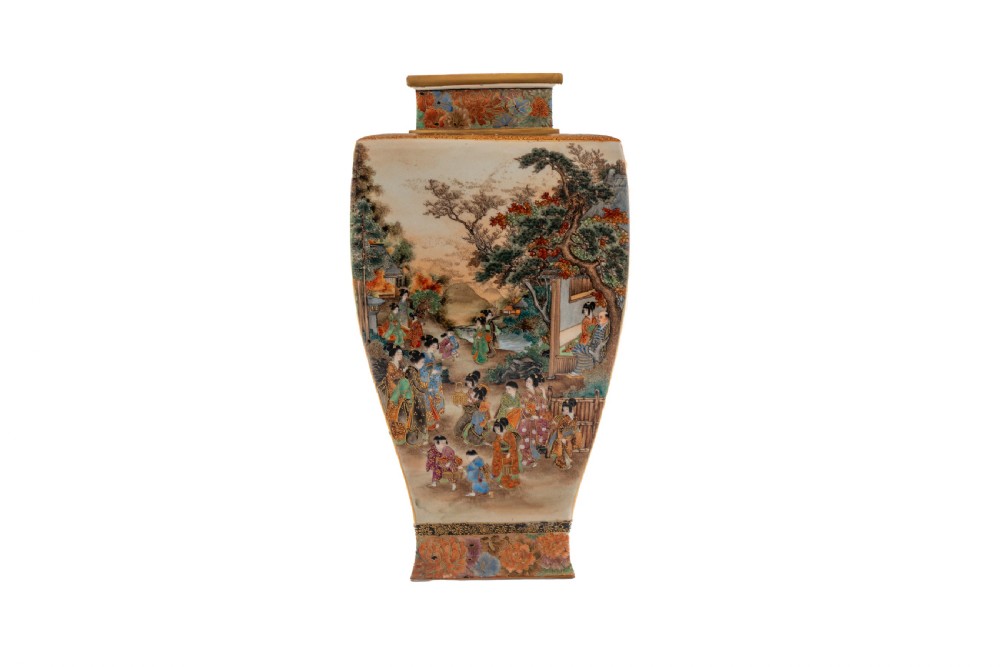 A Japanese Satsuma earthenware vase featuring hand-painted mandarin ducks, bamboo, and detailed gilded borders on a cream crackle-glazed surface. View II