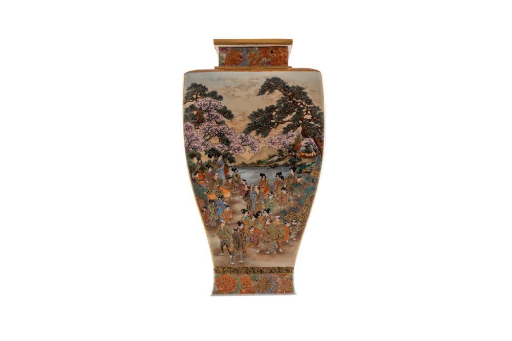 A Japanese Satsuma earthenware vase featuring hand-painted mandarin ducks, bamboo, and detailed gilded borders on a cream crackle-glazed surface. View IV