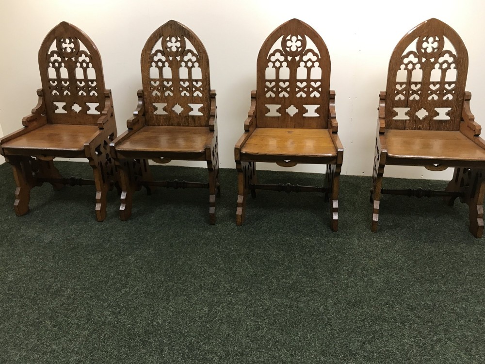 Substantial set 4 Gothic style oak chairs.