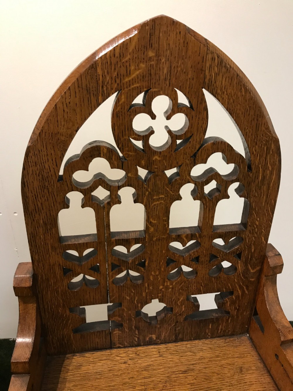 Substantial set 4 Gothic style oak chairs. View II