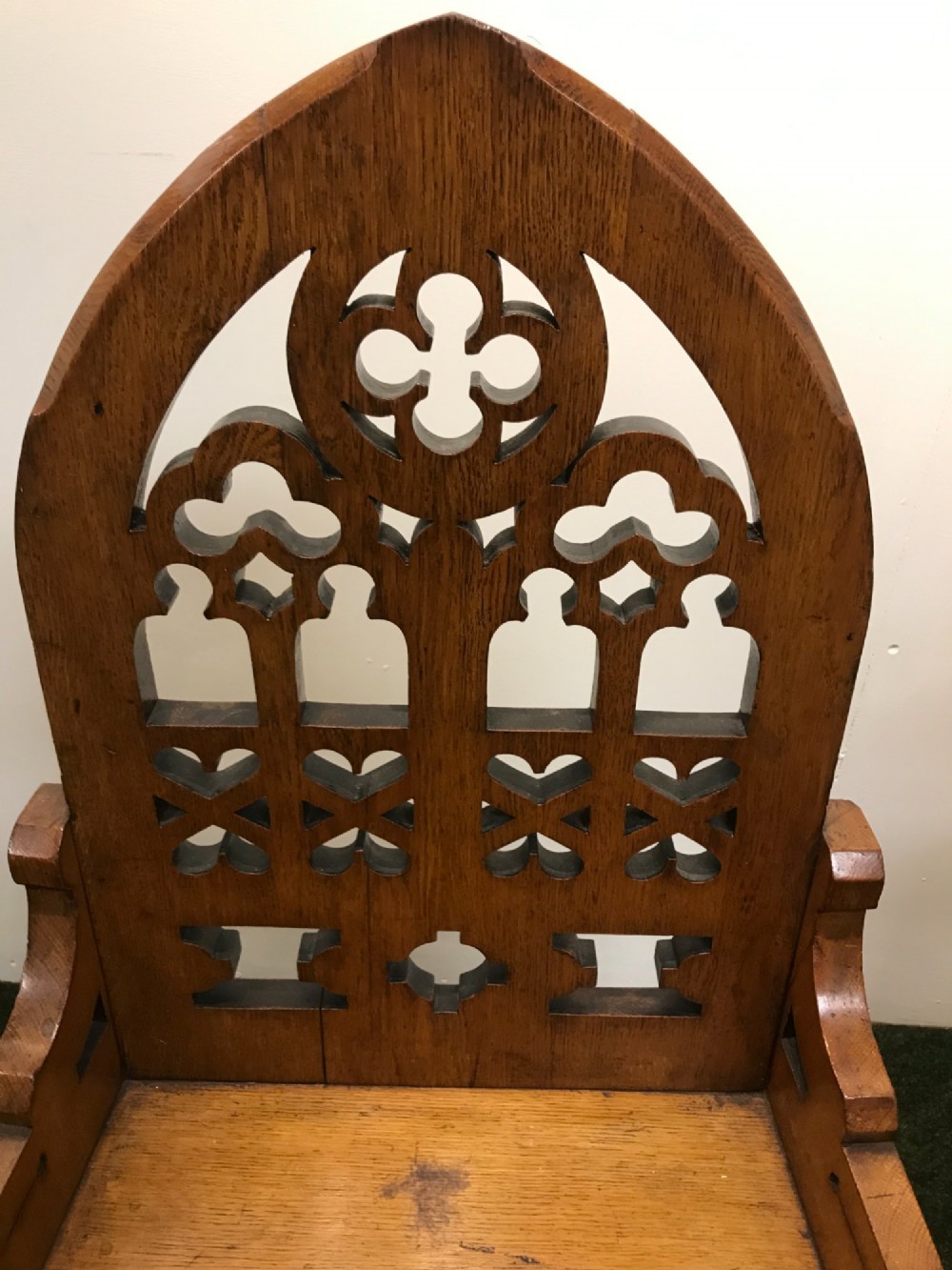 Substantial set 4 Gothic style oak chairs. View III