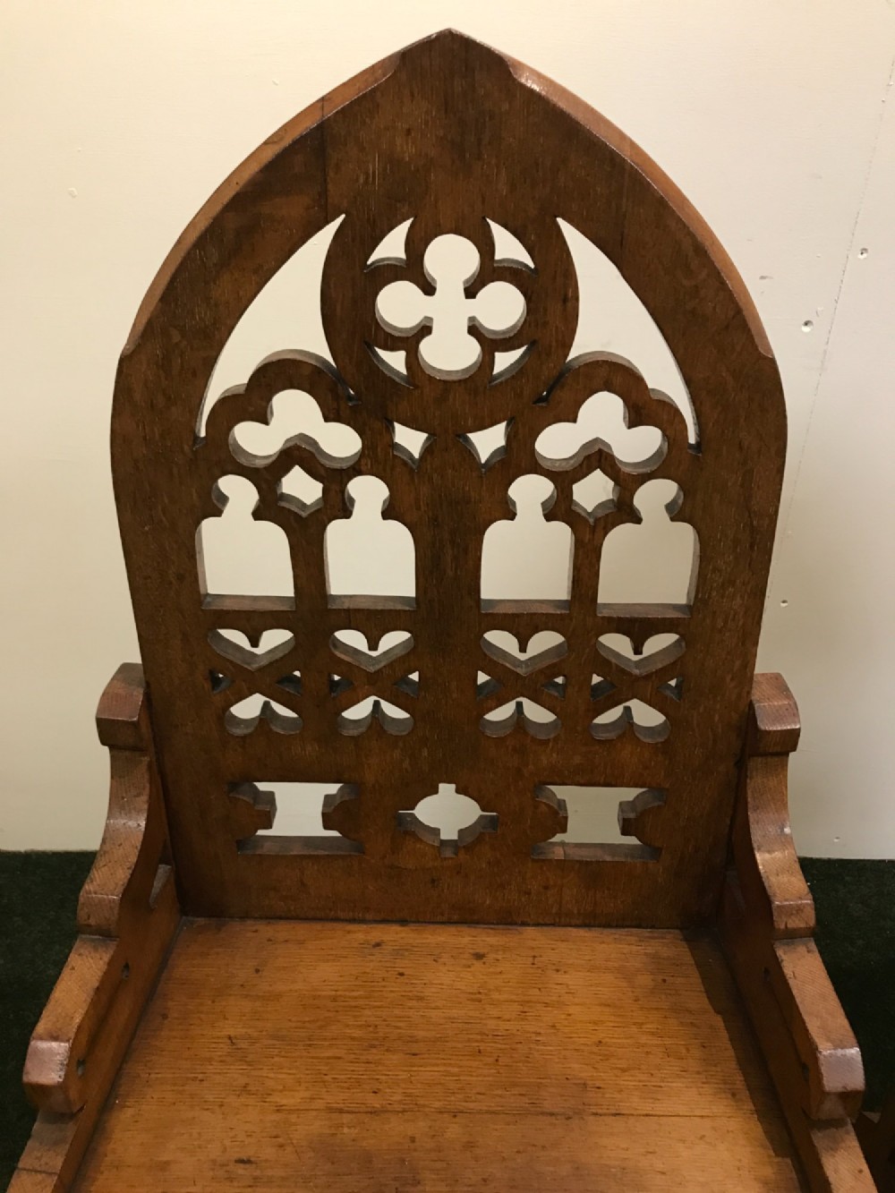 Substantial set 4 Gothic style oak chairs. View V