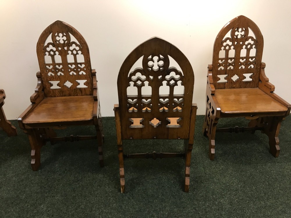 Substantial set 4 Gothic style oak chairs. View VII