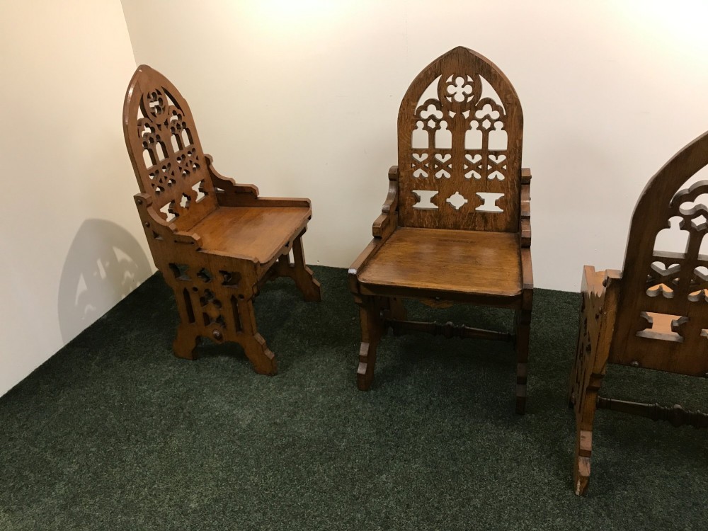 Substantial set 4 Gothic style oak chairs. View VIII