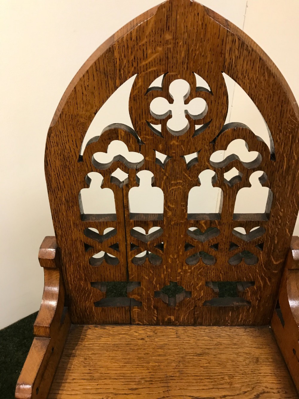 Substantial set 4 Gothic style oak chairs. View X