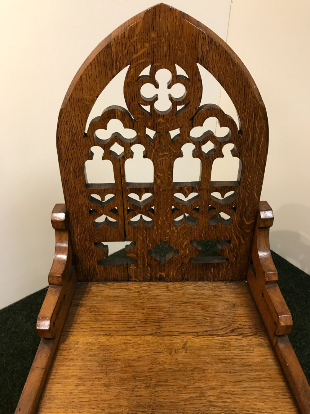 Substantial set 4 Gothic style oak chairs. View XI