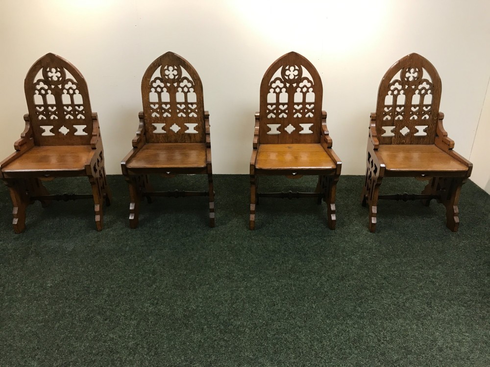 Substantial set 4 Gothic style oak chairs. View XIII