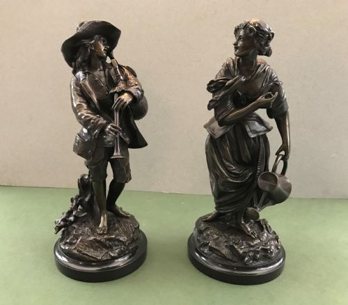 Pair of 19th Century Signed French Bronze Figures on Marble Bases