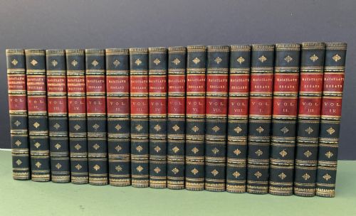 fig 1. 3 sets of works by Lord Macaulay in 16 uniformly bound leather books 1880-1895
