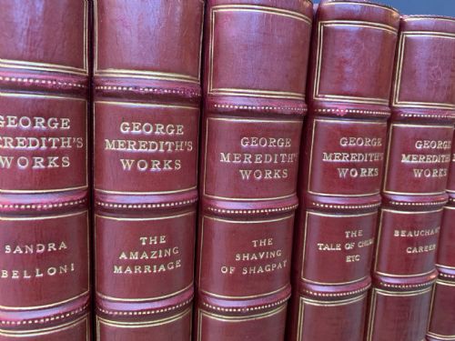 fig 1. 16 uniformly bound leather books of works by George Meredith circa 1920