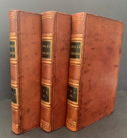 fig 1. 3 book full leather bound set of Sermons by Thomas Arnold dated 1832-1834