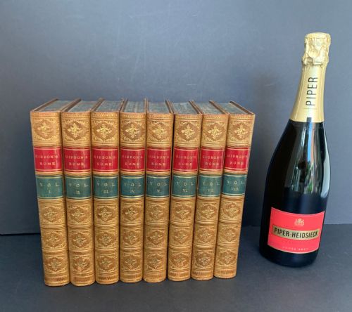 fig 1. Superb and complete 8 book set of Gibbon's The History of The Decline and Fall of the Roman Empire full leather bindings by Zaehnsdorf dated 1881