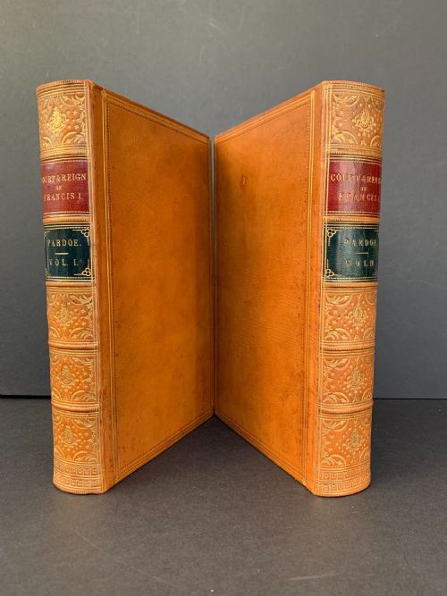 fig 1. Leather bound first edition 2 book set of Pardoe's Court & Reign of Francis I of France dated 1849