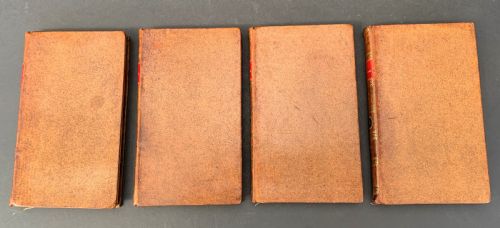 fig 1. A four-volume set of antique French leather-bound books standing upright, featuring gold gilt tooling and red spine labels numbered one to four.