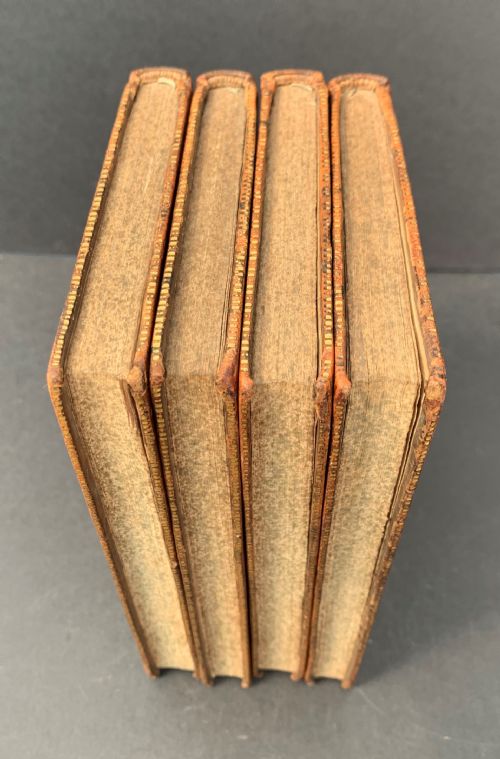 fig 2. A four-volume set of antique French leather-bound books standing upright, featuring gold gilt tooling and red spine labels numbered one to four.