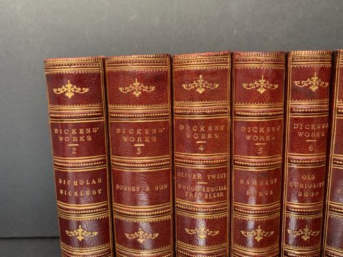 fig 1. 13 uniformly bound books by Charles Dickens circa 1880