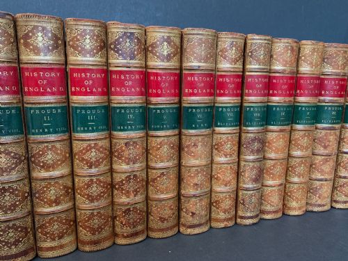 fig 1. 12 book set of Froude's History of England bound by Bickers and dated 1858-1870