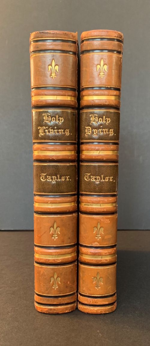 fig 1. Beautifully bound 2 book set of Taylor's The Rule and Exercise of Holy Living and Holy Dying dated 1857