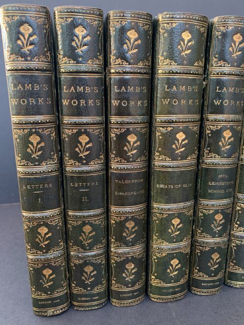 fig 2. A six-volume set of late Victorian books featuring dark green leather spines with gilt floral tooling and title lettering alongside marbled paper boards.