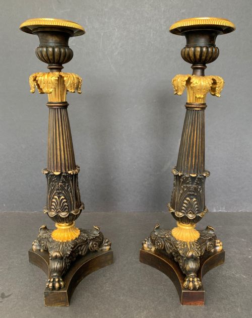 Pair of Well Cast Bronze and Ormolu French Restauration Period Candlesticks Circa 1820