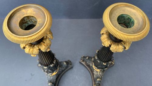 fig 1. Pair of well cast bronze and ormolu French Restauration period candlesticks circa 1820