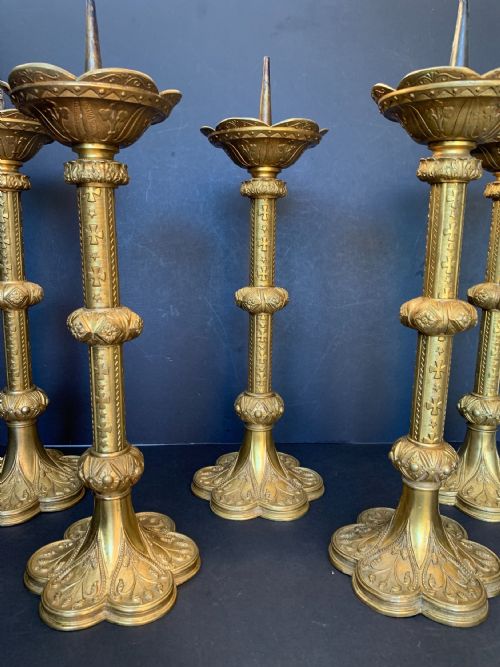 A Scarce Late 19th Century Set of 5 Ormolu Ecclesiastical Pricket Candlesticks