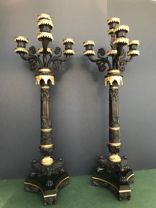 Stunning Pair of French Charles X Period 4 Light Bronze and Ormolu Candelabra Circa 1830