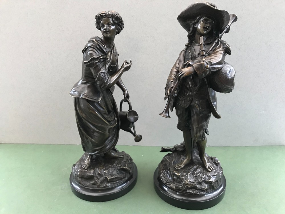 Pair of 19th Century signed French bronze figures on marble bases  View II