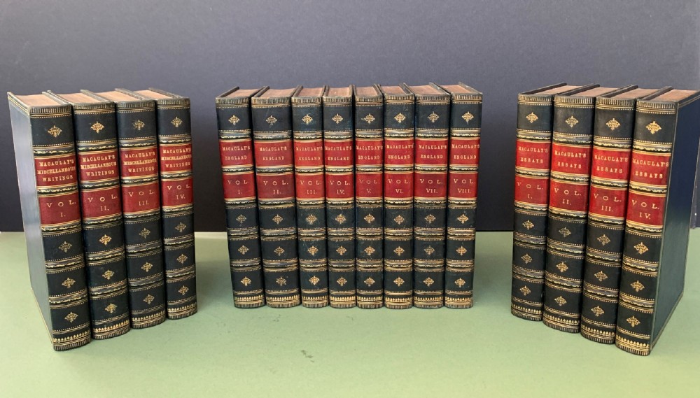 3 sets of works by Lord Macaulay in 16 uniformly bound leather books 1880-1895