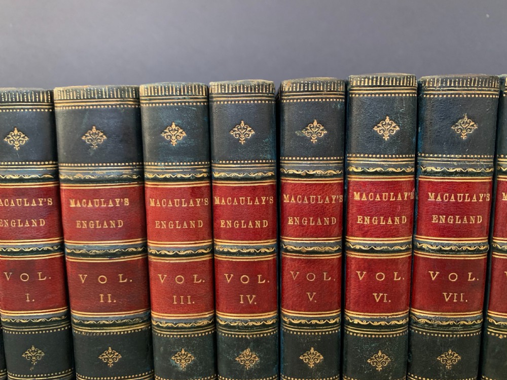 3 sets of works by Lord Macaulay in 16 uniformly bound leather books 1880-1895 View V