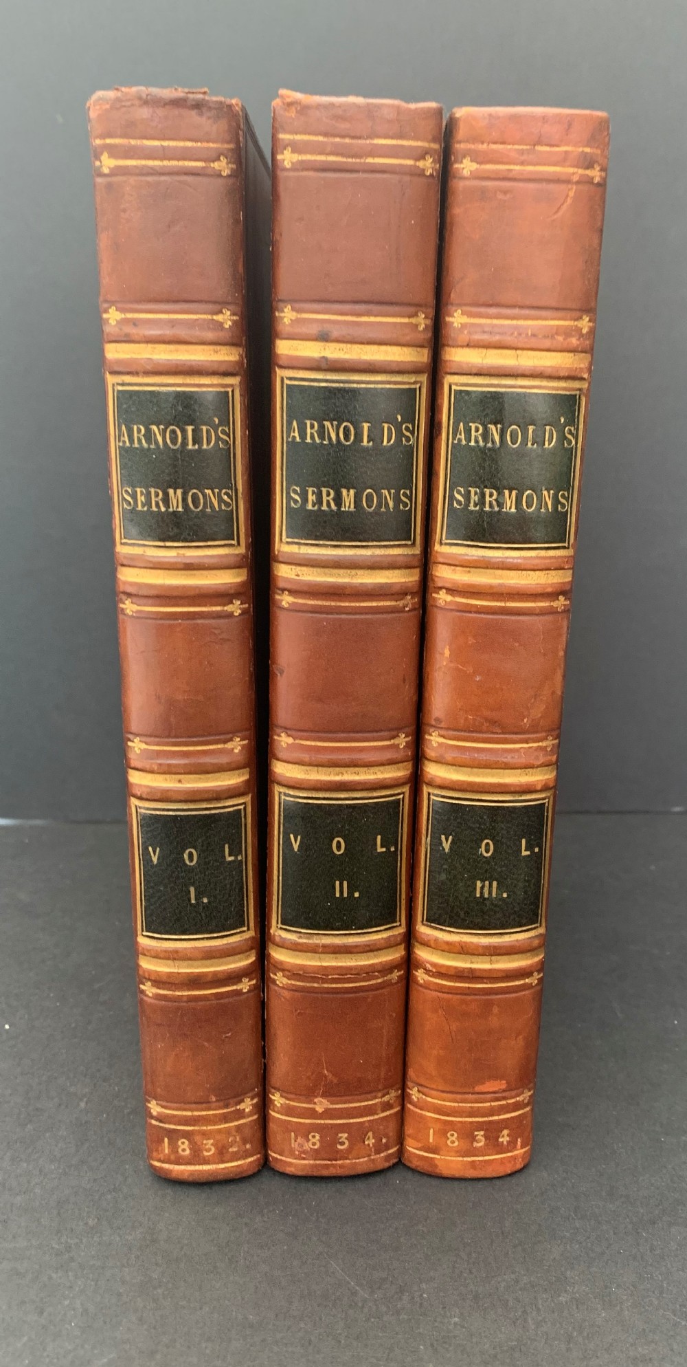 3 book full leather bound set of Sermons by Thomas Arnold dated 1832-1834