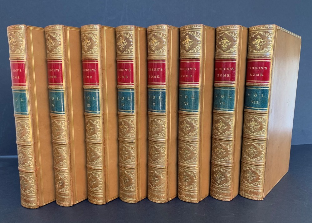 Superb and complete 8 book set of Gibbon's The History of The Decline and Fall of the Roman Empire full leather bindings by Zaehnsdorf dated 1881