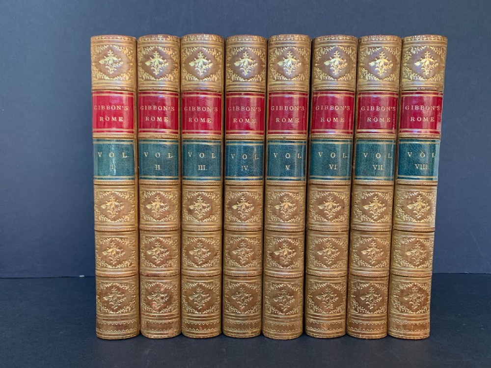 Superb and complete 8 book set of Gibbon's The History of The Decline and Fall of the Roman Empire full leather bindings by Zaehnsdorf dated 1881 View III