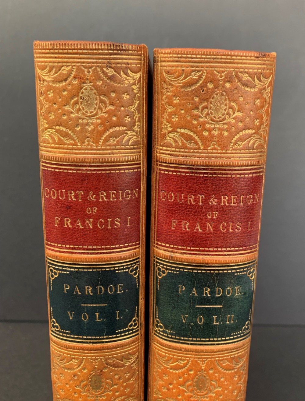 Leather bound first edition 2 book set of Pardoe's Court & Reign of Francis I of France dated 1849 View IV