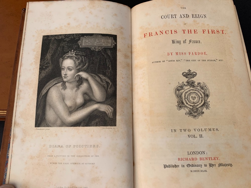 Leather bound first edition 2 book set of Pardoe's Court & Reign of Francis I of France dated 1849 View XVI