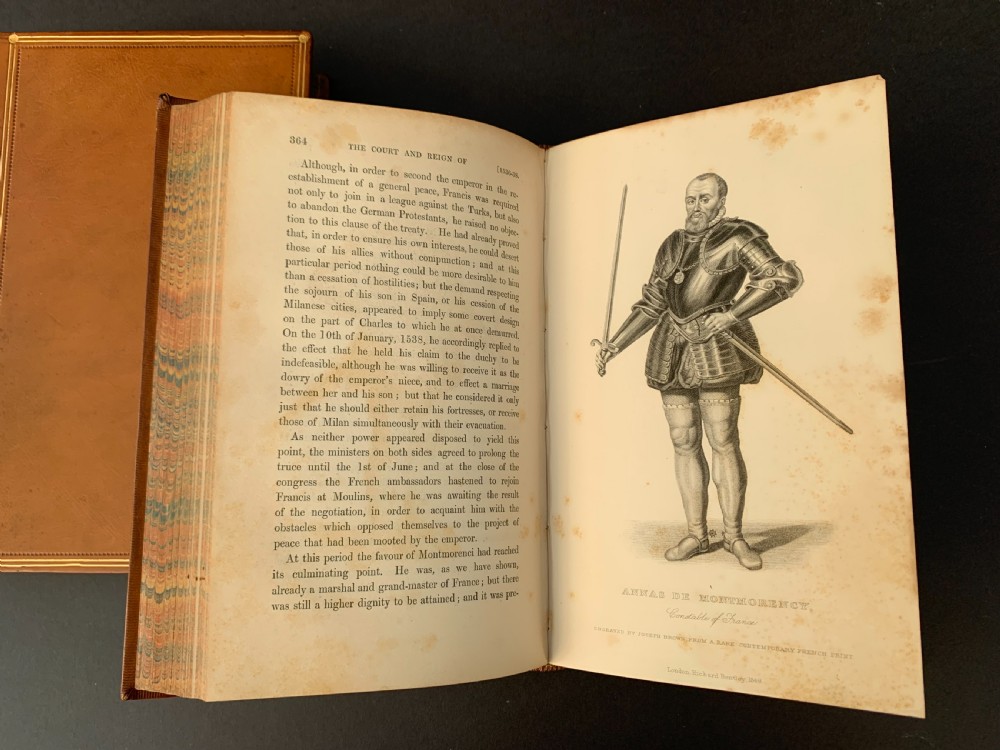 Leather bound first edition 2 book set of Pardoe's Court & Reign of Francis I of France dated 1849 View XVII
