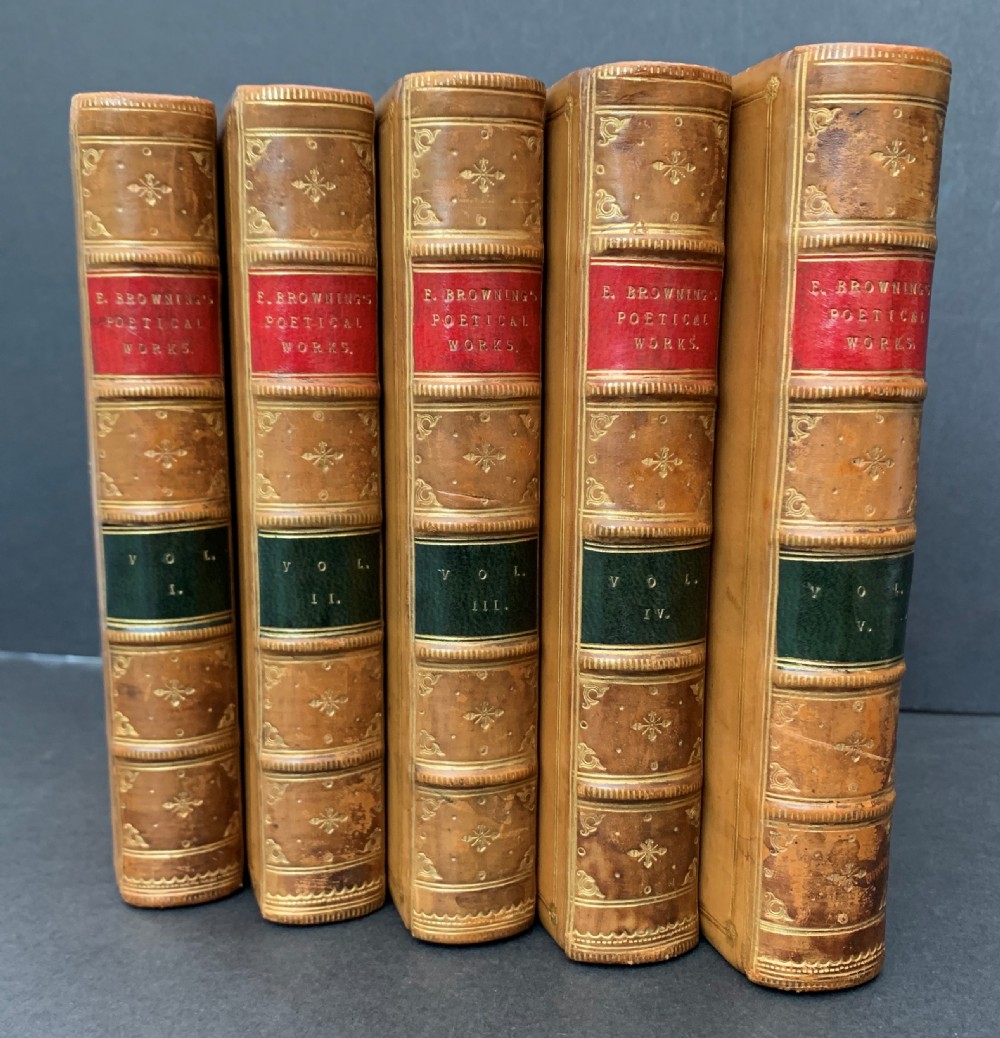 Leather bound 5 book set of the Poetical Works of Elizabeth Barrett Browning dated 1886