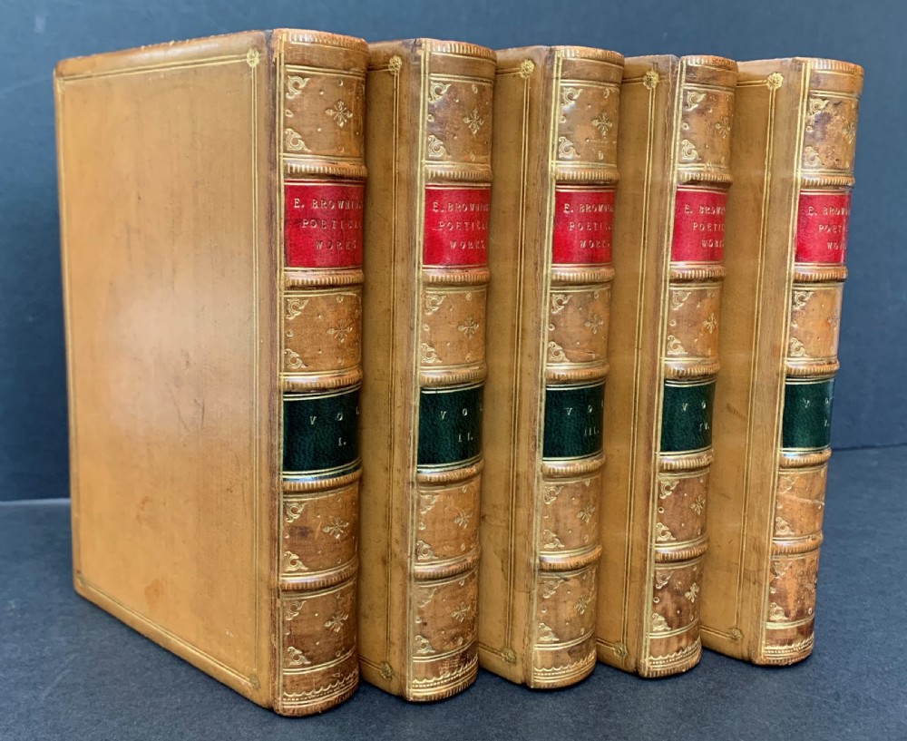 Leather bound 5 book set of the Poetical Works of Elizabeth Barrett Browning dated 1886 View II